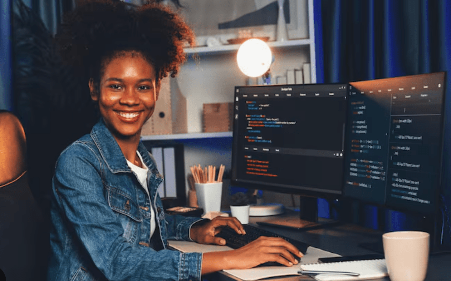 A lady who is a developer is smiling to the camera